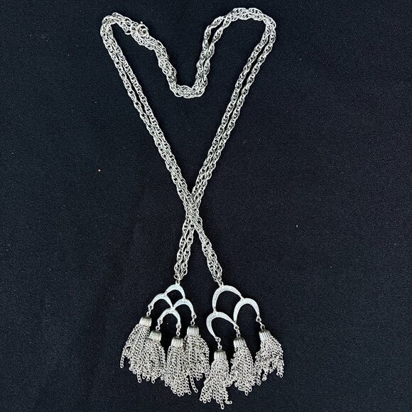 Silver Large Link Sautior Lariat Tassel Necklace - Picture 2 of 16